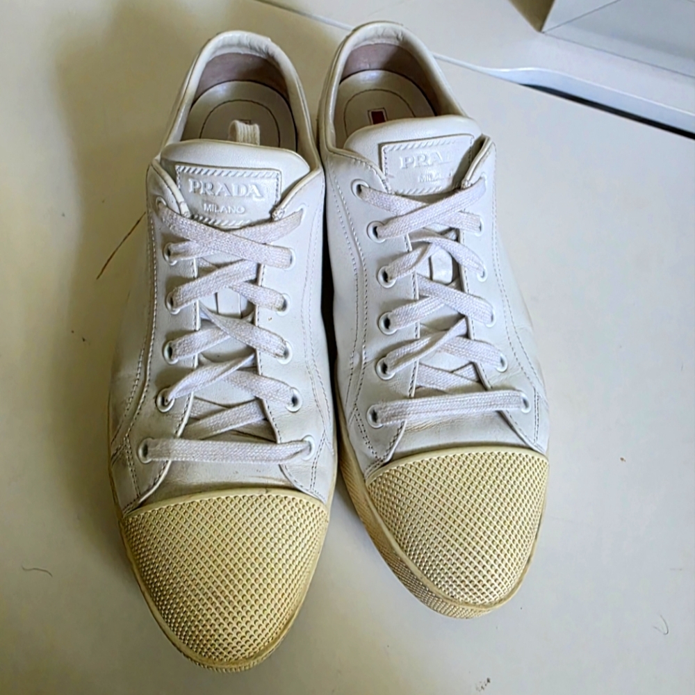 Prada Men's White and Cream Sneakers